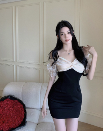 Elegant Short Sleeve Off-Shoulder Spaghetti Strap Dress Sweetheart Neck Party Bodycon Short Dress AP0373