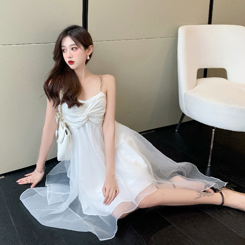 Party OOTD Tulle Trimmed Double Layer Summer Skirt Cute Asymmetric Hem Spaghetti Strap Short Dress AP0379