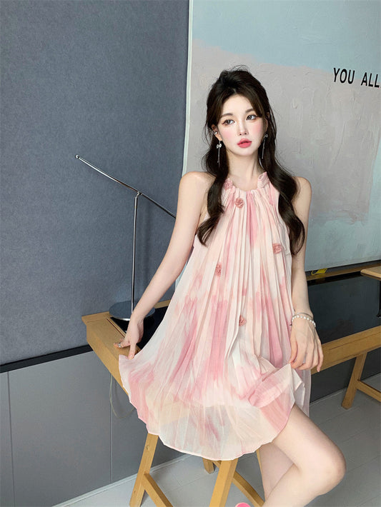 Sweet Style Oversize Skirt Everyday Wear Sleeveless Flowy Pressed Pleats Halter Short Dress AP0389