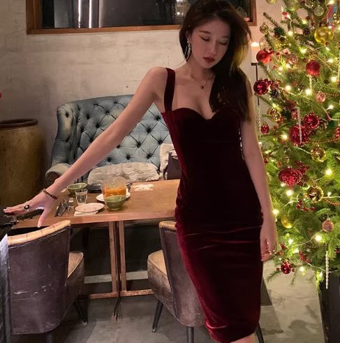 French Chic Banquet Vintage Women Mini Skirt Spaghetti Strap Velour Party Short Dress AP0393