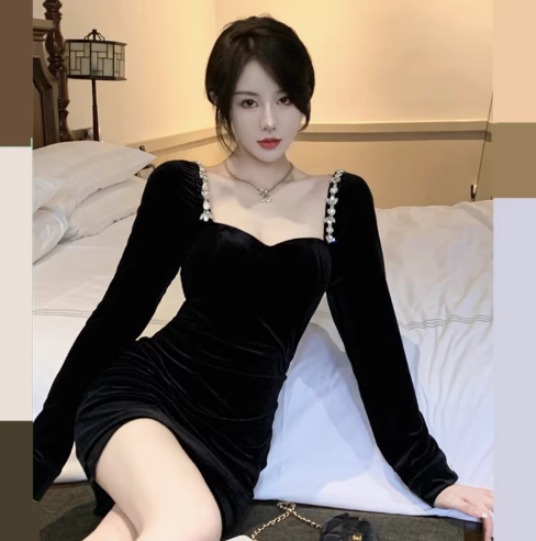 Noble Velvet Long Sleeve Sexy Dress Strapless LBD French Chic Short Dress AP0398