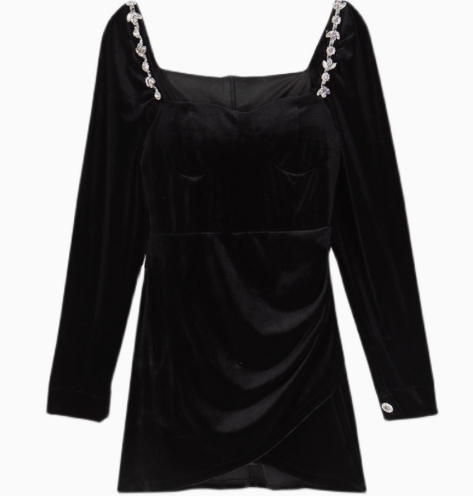 Noble Velvet Long Sleeve Sexy Dress Strapless LBD French Chic Short Dress AP0398