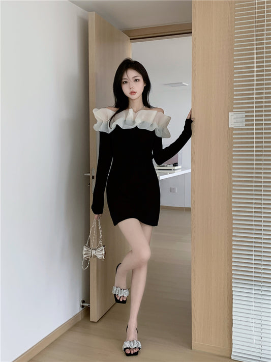 Long Sleeve Off-Shoulder Elegant Summer Skirt Strapless Ruffled Trimmed Short Dress AP0402