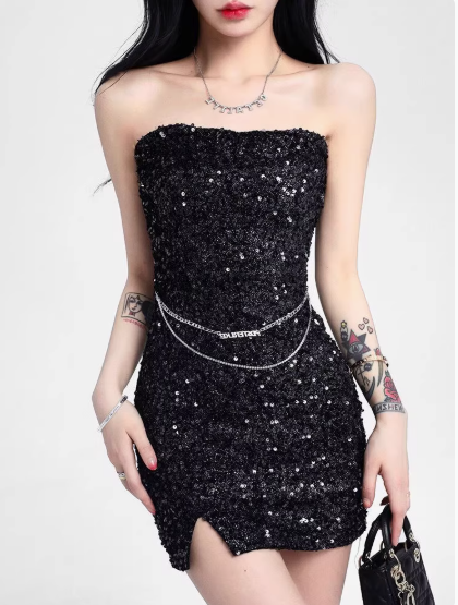 Hot Girls Sequin Sexy Party Dress Sleeveless Strapless Slit Hugging Short Dress AP0406