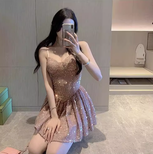 Elegant Sparkle Vogue Lustrous Skirt Party Shiny Waist-Cinching Short Dress AP0407