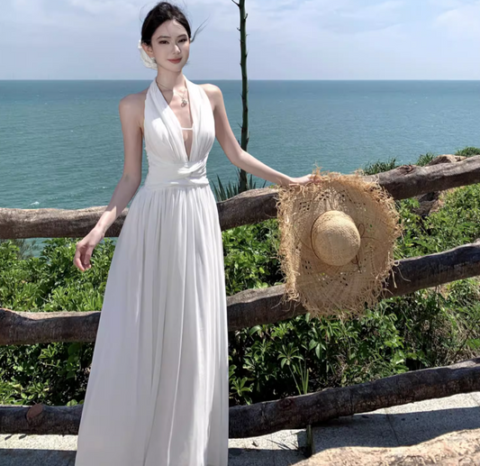 Lightweight Flowy Beach Vacation Sundress Breathable Fabric Backless Halter Long Dress AP0411