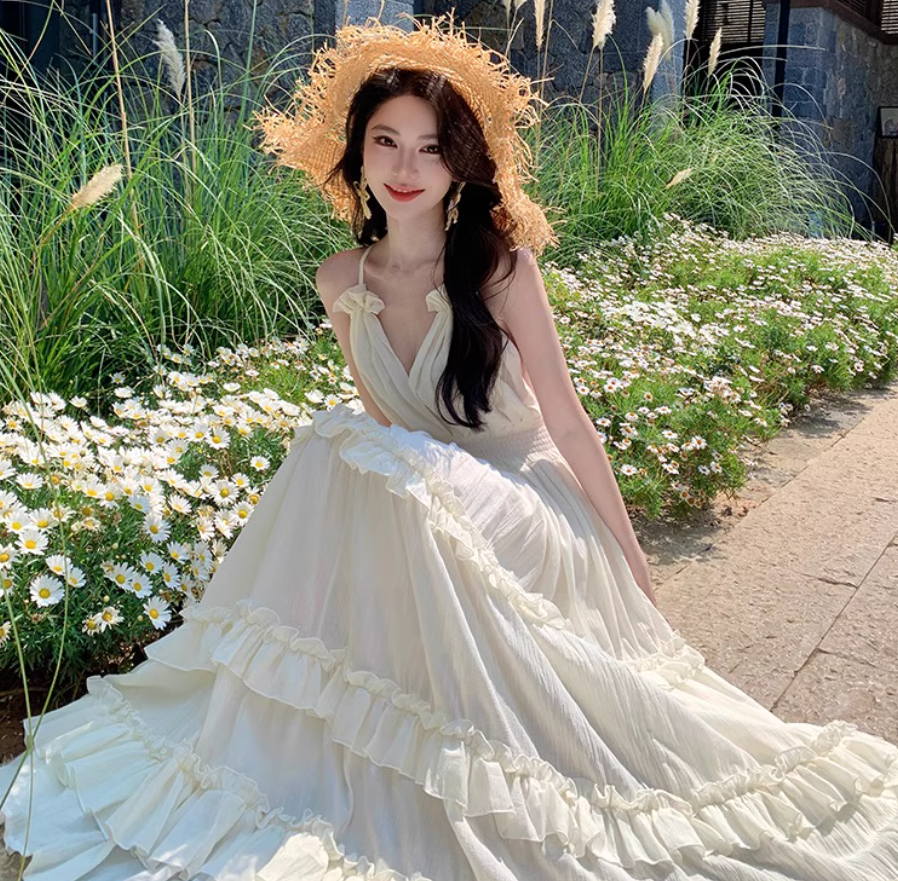 V Neck Backless Beach Elegant Tiered Dress Spaghetti Strap Ruffled Vacation Long Dress AP0415