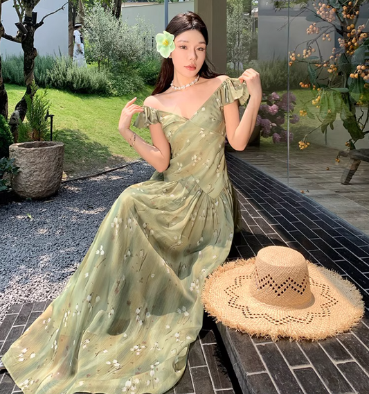 French Floral Off-Shoulder V Neck Dress Flowy Romantic Flutter Sleeve Long Dress AP0417