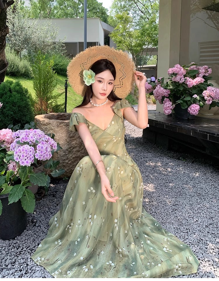 French Floral Off-Shoulder V Neck Dress Flowy Romantic Flutter Sleeve Long Dress AP0417