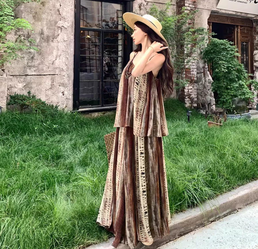 Boho Style Two Piece Set Dress Elegant Spaghetti Strap Travel Outfit Long Dress AP0418