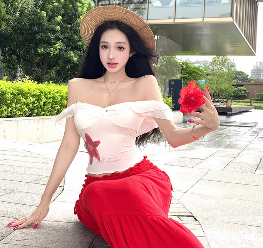 Two Piece Set Elegant Boho Style Off-Shoulder Dress Strapless Travel Outfit Long Dress AP0421