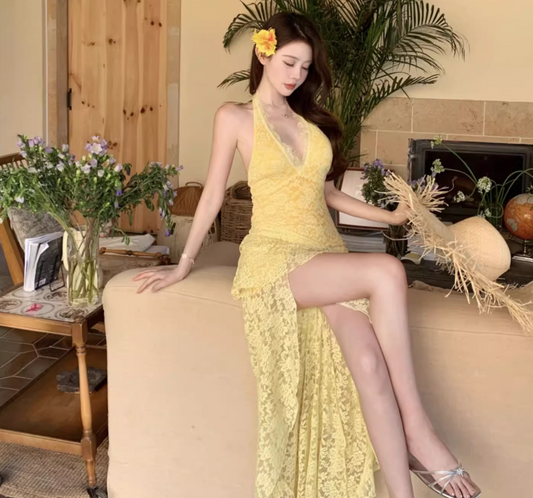 Asymmetrical Hem Lightweight Vacation Midi Dress Backless V Neck Halter Long Dress AP0422