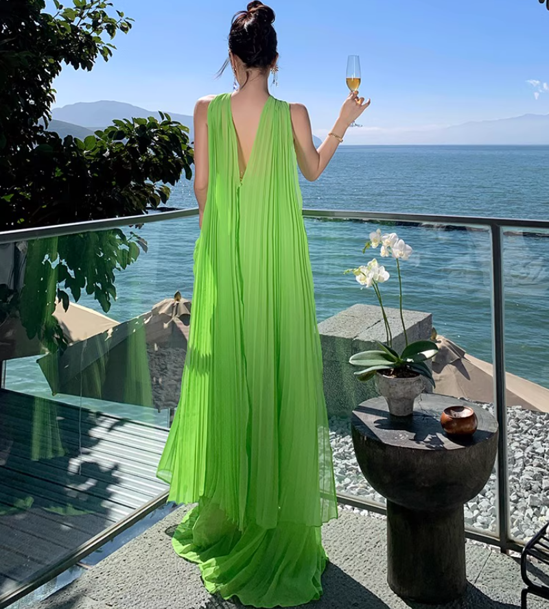 Flowy Fabric Lightweight Photo Outfit Sundress Double Layers Draped Halter Long Dress AP0424