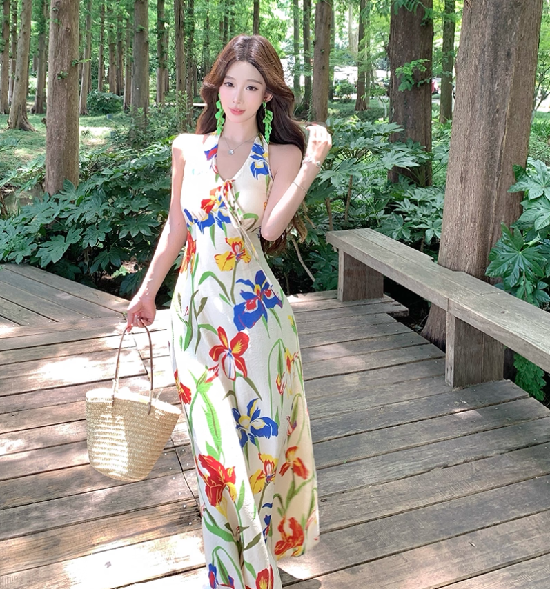 Tropical Style Lightweight Flowy Vacation Midi Dress Floral Print Halter Long Dress AP0427