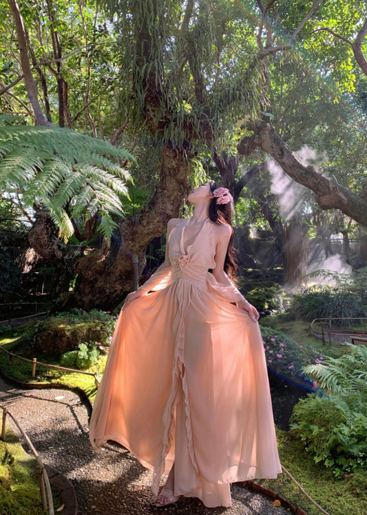 Vacation Ethereal Maxi Skirt Backless V Neck Ruffles Hem Halter Long Dress AP0429