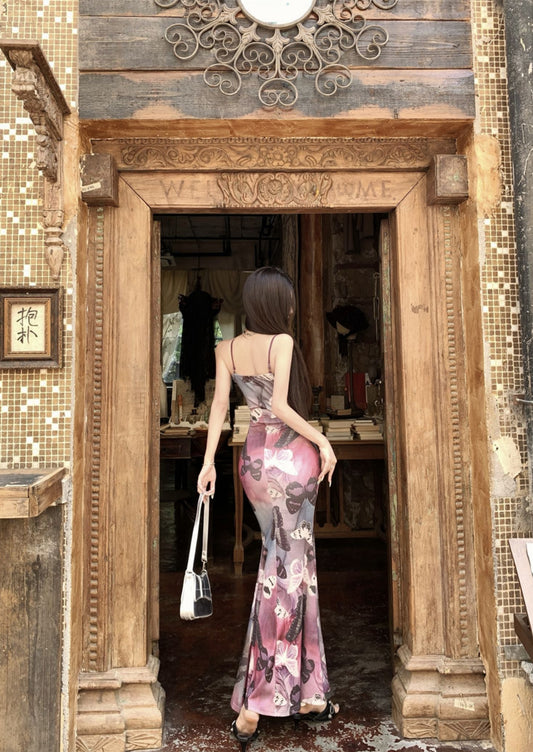 Summer Butterfly Print Stretch Mermaid Dress Spaghetti Strap Photo Ready Long Dress AP0430