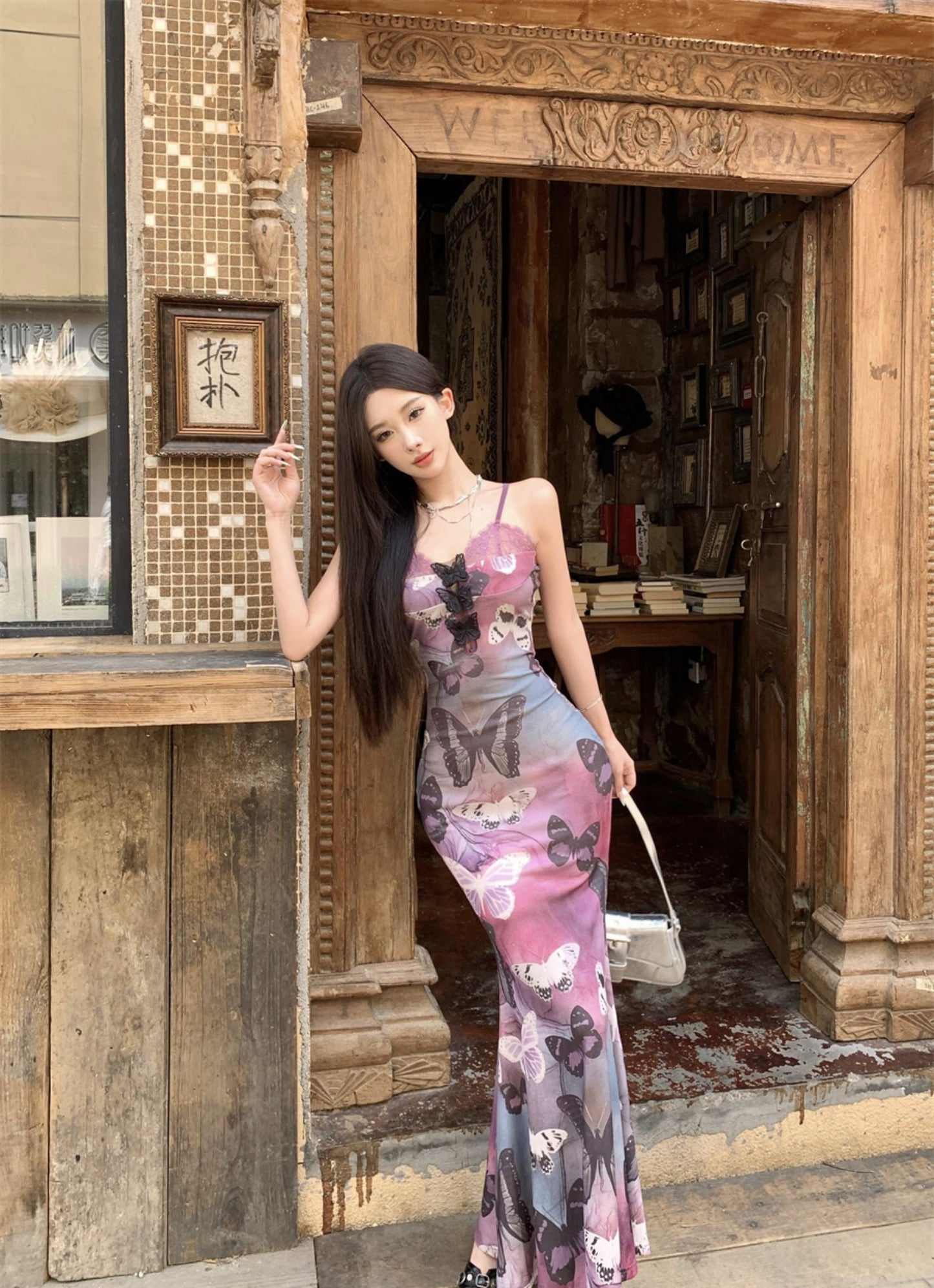 Summer Butterfly Print Stretch Mermaid Dress Spaghetti Strap Photo Ready Long Dress AP0430