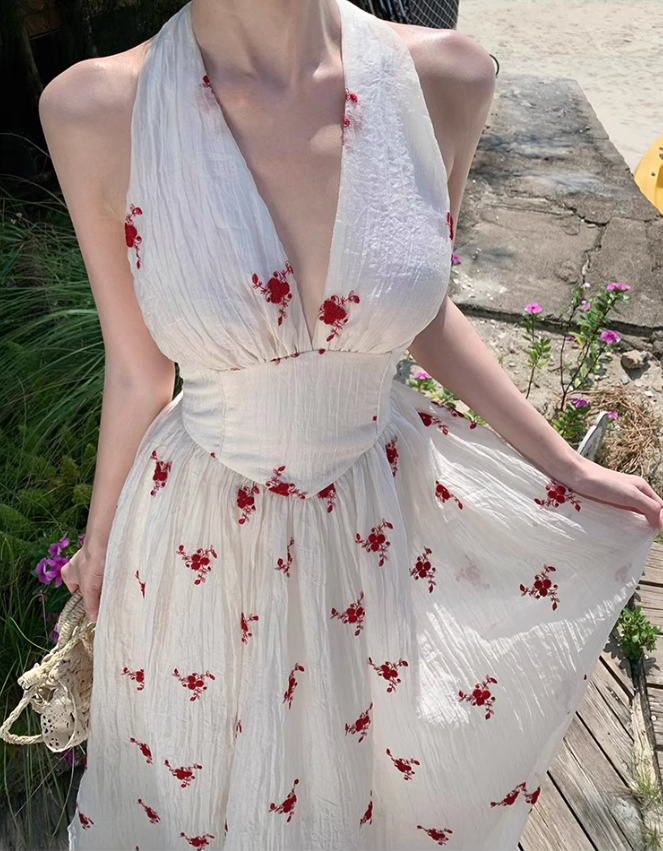 Floral Print Ethereal Vacation Midi Dress Backless V Neck Seaside Halter Long Dress AP0432