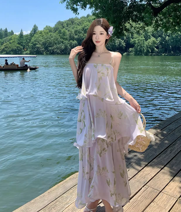 Elegant Spaghetti Strap Lightweight Floral Print Dress Seaside Vacation Layered Long Dress AP0436