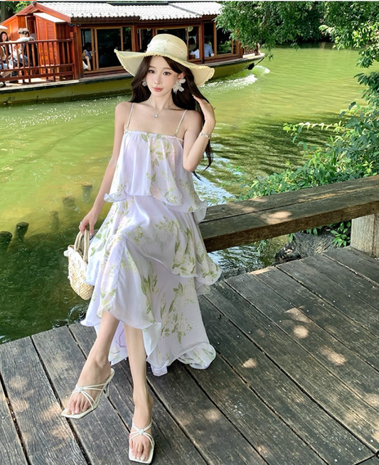 Elegant Spaghetti Strap Lightweight Floral Print Dress Seaside Vacation Layered Long Dress AP0436