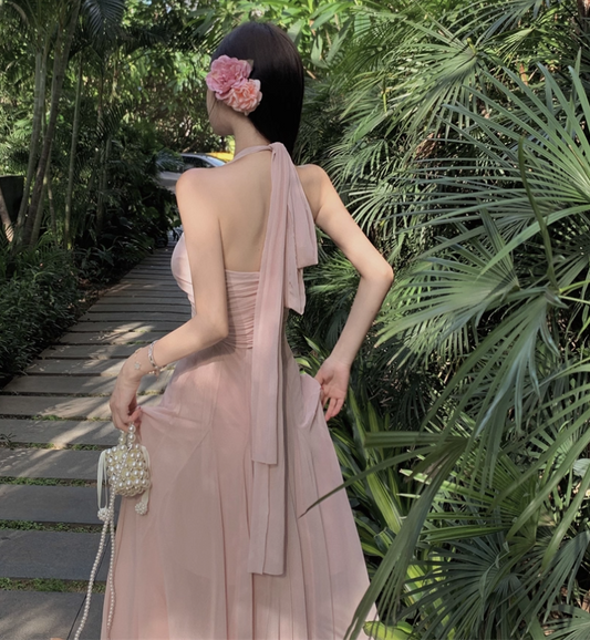 Beach Ethereal Breathable Maxi Dress Backless V Neck Open Back Halter Long Dress AP0442