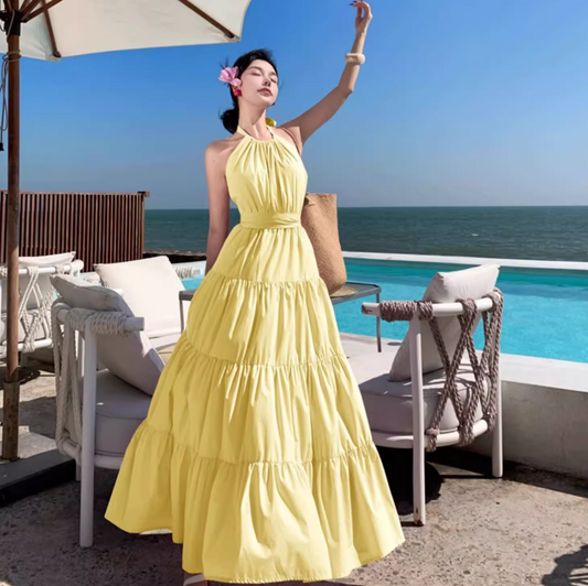 2025 Vacation Sleeveless Backless Maxi Dress Beach Photo Casual Halter Dress AP0443