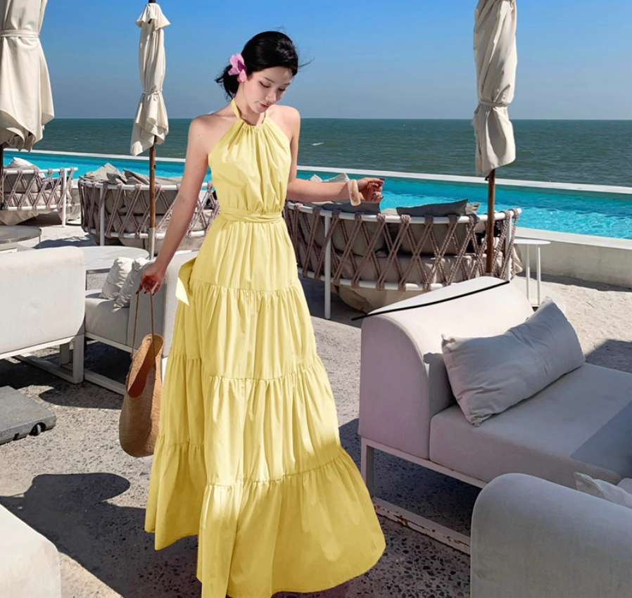 2025 Vacation Sleeveless Backless Maxi Dress Beach Photo Casual Halter Dress AP0443