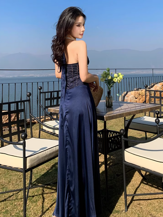 V Neck Vacation Midi Dress Backless Seaside Hollow-Out Halter Long Dress AP0444