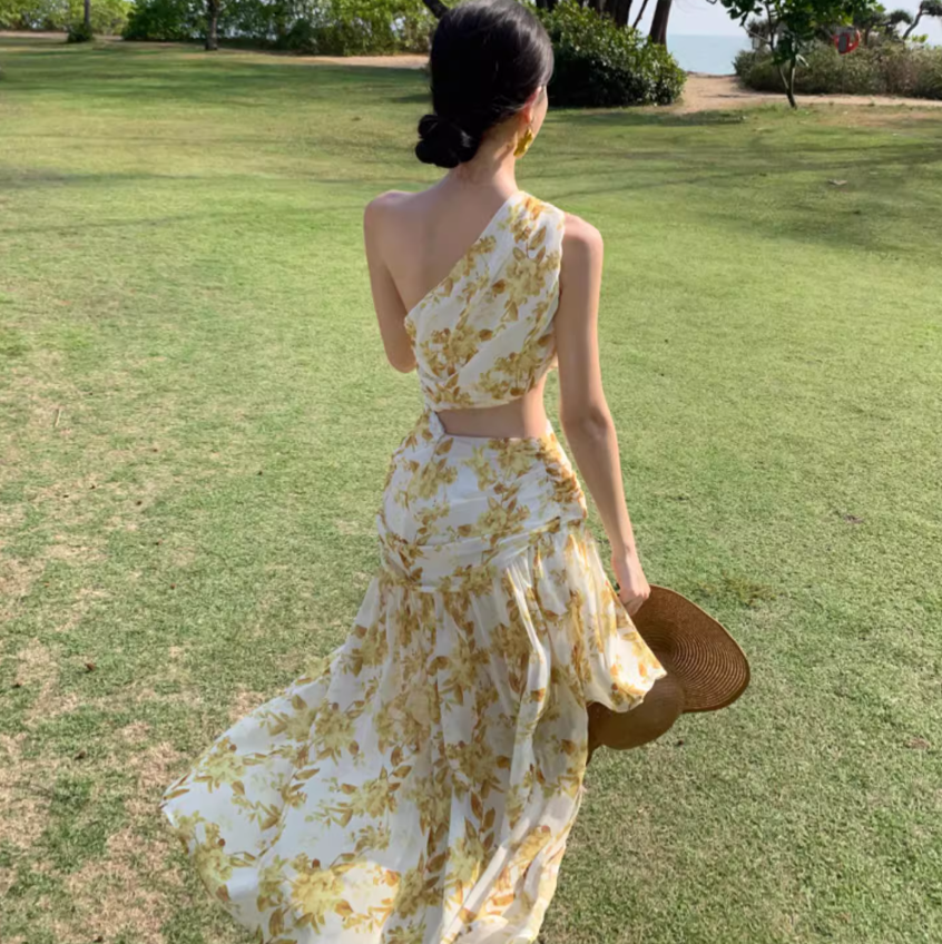 Summer Floral Print Asymmetrical Hem Maxi Dress Open Waist One Shoulder Long Dress AP0446