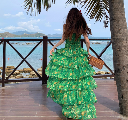 Stretch Fabric Strapless Layered Cake Dress Vibrant Strapless Floral Green Long Dress AP0449