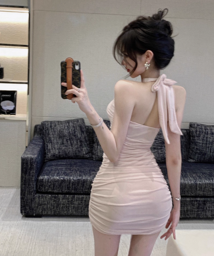 Novelty Cute Backless Bodycon Party Skirt Sleeveless Tulle Overlap Halter Short Dress AP0456