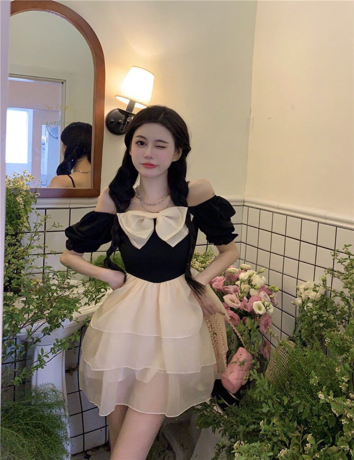 White-Black Splicing Tulle Layered Summer Skirt Short Sleeve Ball Gown Short Dress AP0458