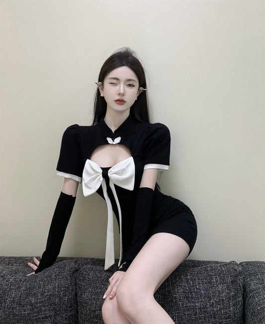 Sexy Lady Short Sleeve Strapless Dress Bowknot Hollow-Out Bodycon Short Dress AP0461