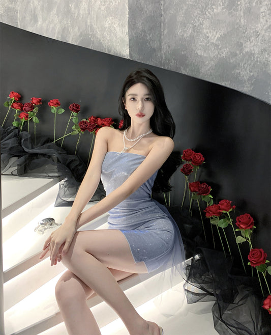 Simple Style Sleeveless Summer Skirt Strapless Glow Fabric Party Bodycon Short Dress AP0469