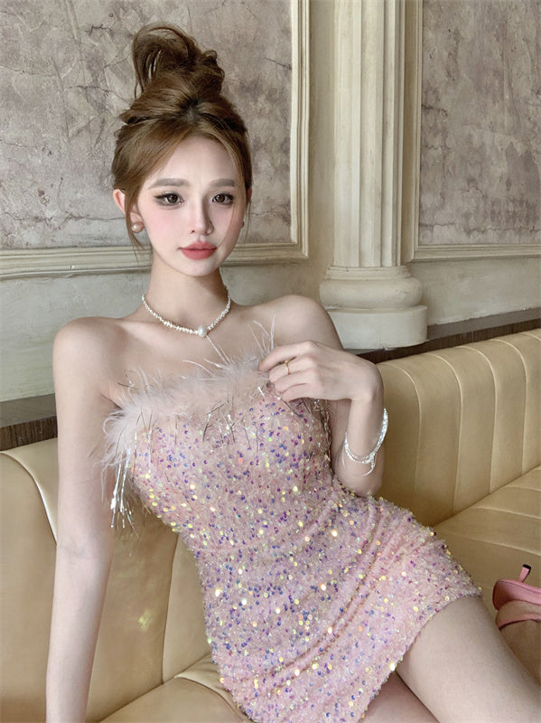 Sweet Sleeveless Summer Skirt Strapless Sequin Shine Vibrant Bodycon Short Dress AP0484