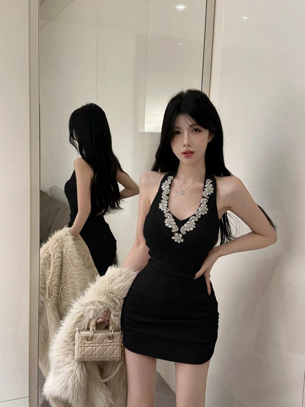 Chic Hot Girls Party Mini Skirt Sexy Crystal Ornament Hugging Halter Short Dress AP0489