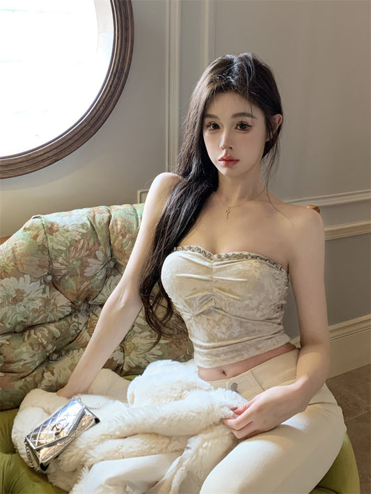 Beads Vintage Sleeveless Summer Skirt Strapless Pearlescent Fabric Bodycon Tube Top AP0490