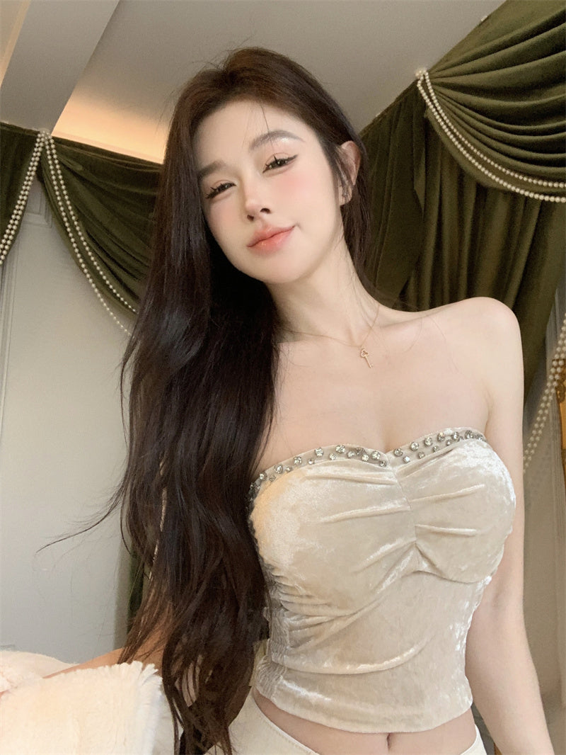 Beads Vintage Sleeveless Summer Skirt Strapless Pearlescent Fabric Bodycon Tube Top AP0490