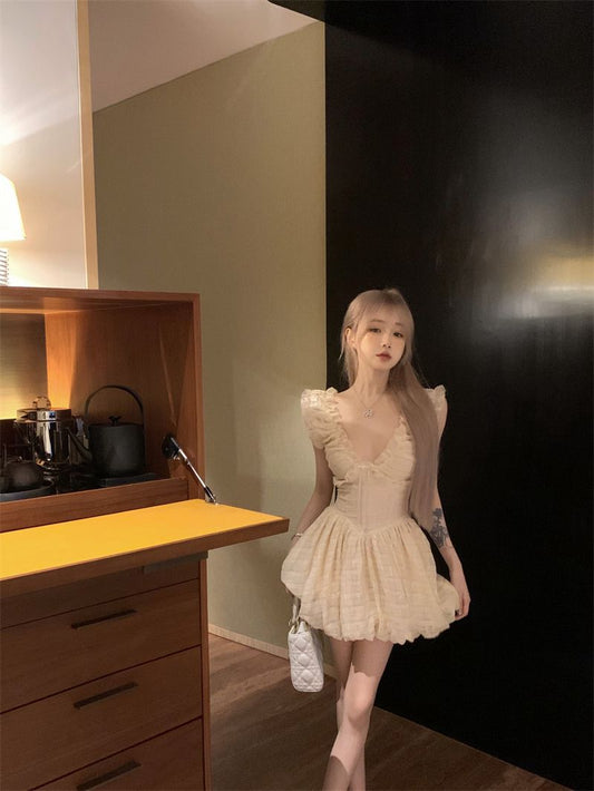 Sweet Double Layers Puffy Hem Mini Skirt Ruffles Trimmed Cute Bubble Short Dress AP0498