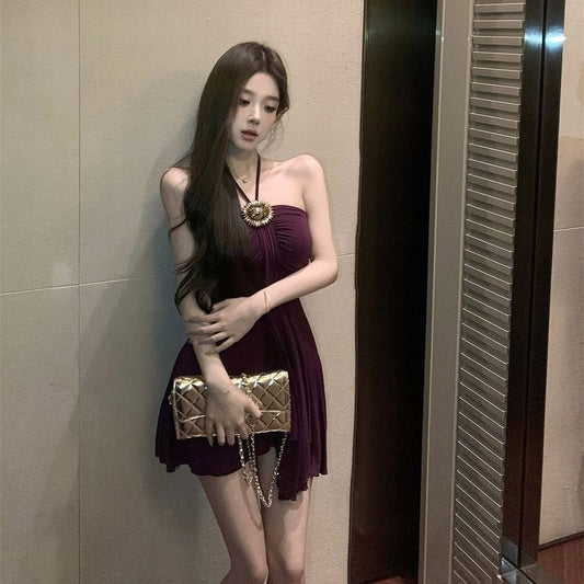 Sexy Backless Glam Sleeveless Mini Skirt Feast Vintage Flowy Hem Halter Short Dress AP0500