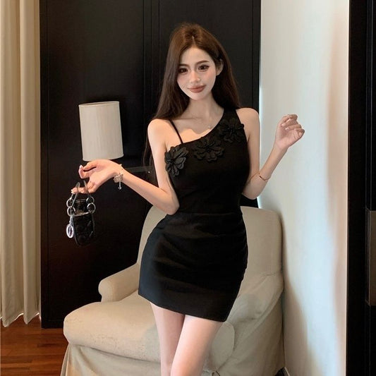 Chic Novelty One Shoulder Dress Asymmetrical Strap Waist-Cinching Short Dress AP0507