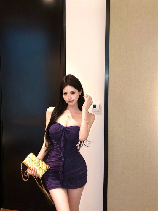 Ruffled Hem Sleeveless Chic Skirt Strapless Simple Open-Back Bodycon Short Dress AP0513