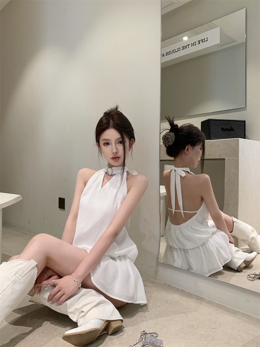 Newest Backless Flowy Mini Skirt Vintage Flowy Hem Sleeveless Halter Short Dress AP0516