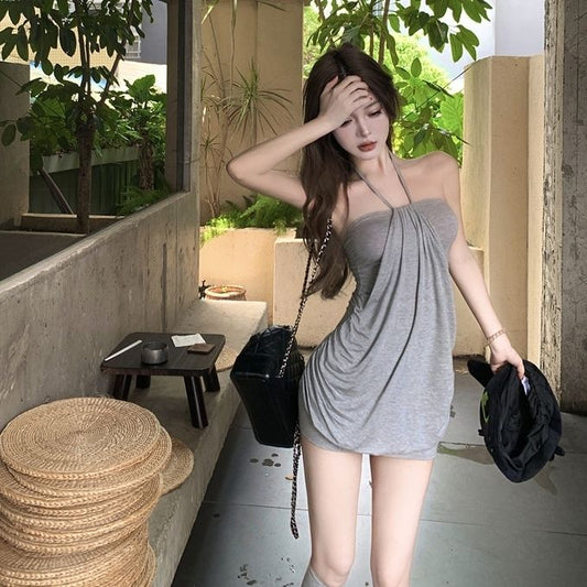 Sexy Flowy Draped Short Dress Sleeveless Soft Fabric Double Layers Halter Mini Dress AP0523