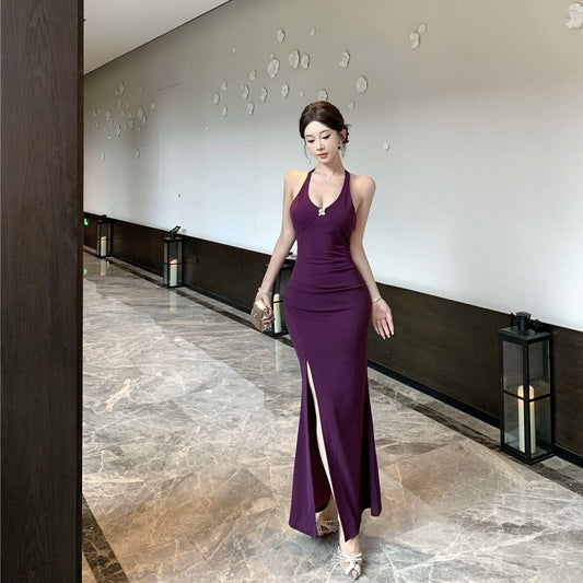Simple Elegant Party High-Slit Mermaid Dress Photo Ready Bodycon Halter Long Dress AP0526