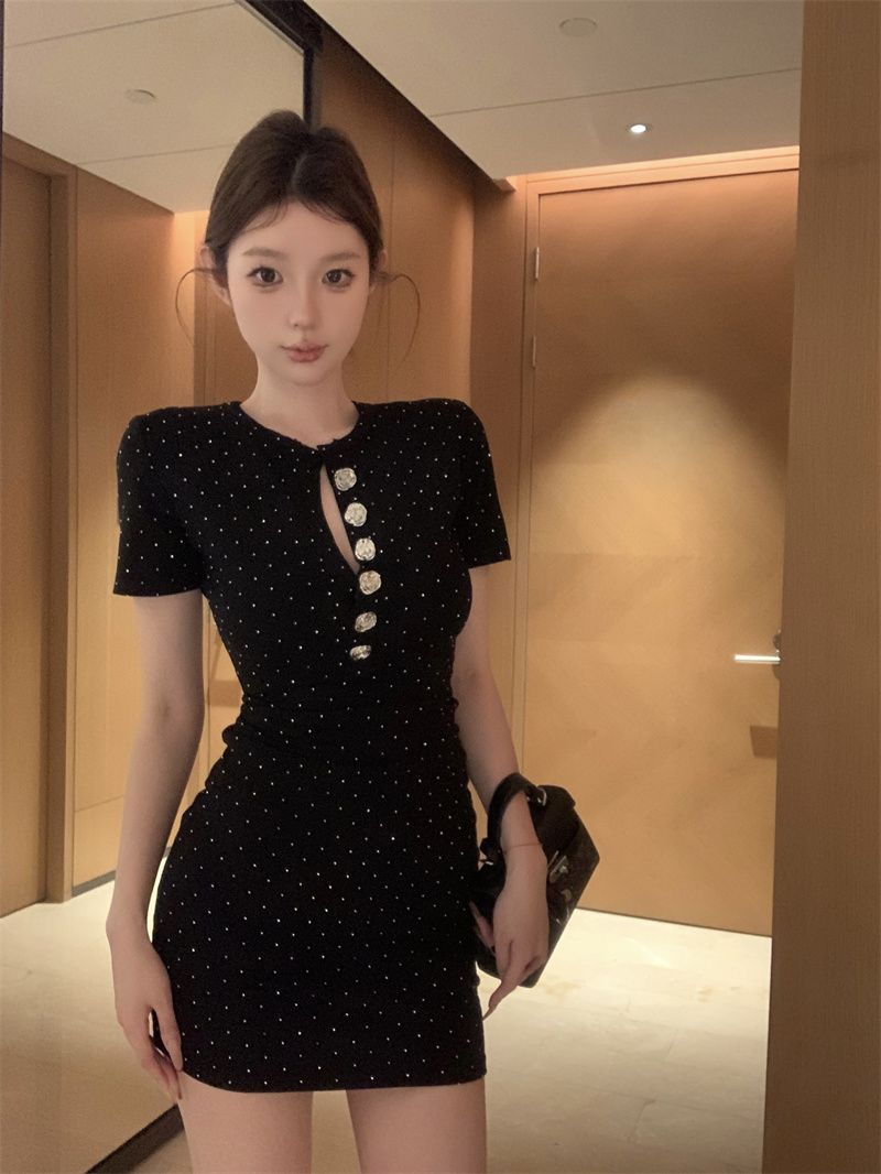 Beading Button Ornament Short Sleeve Short Dress LBD Strapless Bodycon Short Dress AP0528