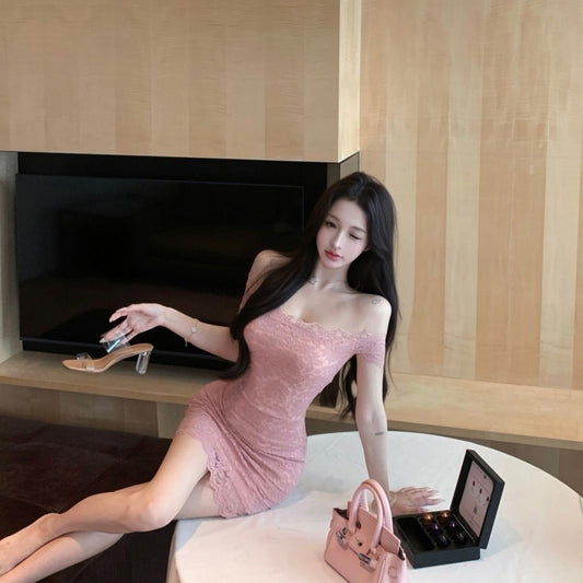 Chic Off-Shoulder Hugging Short Skirt Sexy Tulle Trimmed Sheath Short Dress AP0529