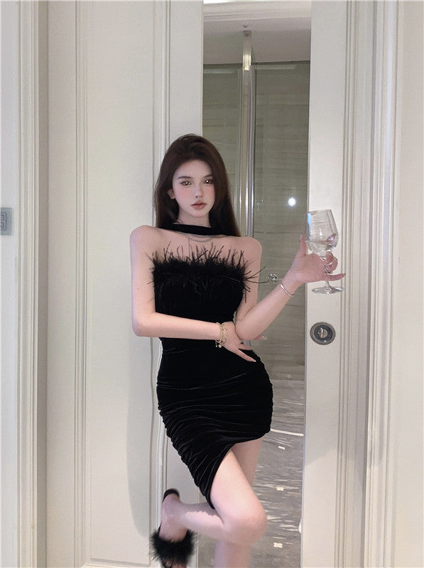 Strapless Feather Ornament Charming Mini Skirt Asymmetrical Hem Sheath Short Dress AP0541