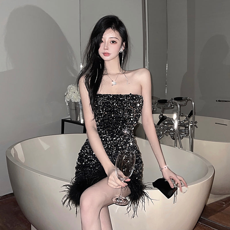 Vintage Sequin Sexy Party Dress Strapless Feather Hem Hugging Short Dress AP0543