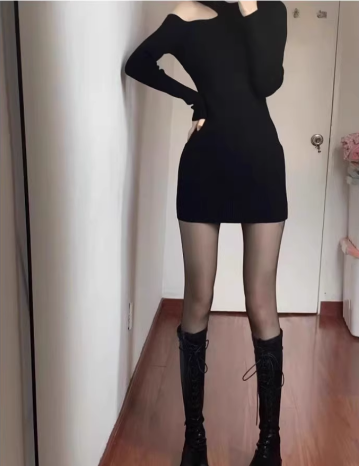 Novelty Breathable One Shoulder Dress Long Sleeve Waist-Cinching Chic Short Dress AP0558